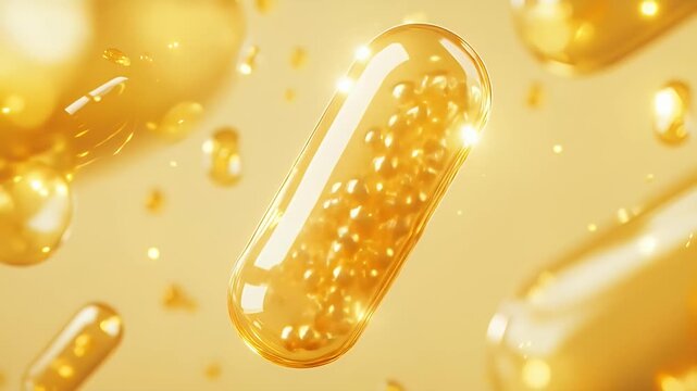 黄金のカプセルと球体が浮かぶ背景 医療と健康をテーマにした薬品の3Dレンダリング