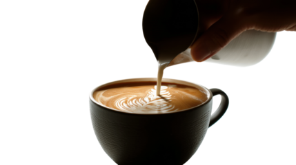 Pouring milk into coffee cup at a bright  inviting atmosphere, isolated on transparent background, png
