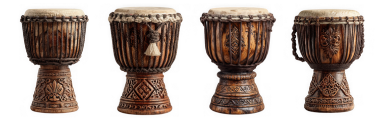 Four traditional african djembe drums isolated on transparent background