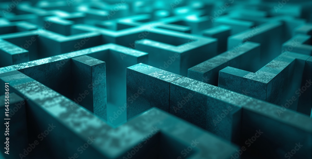 Poster abstract teal maze with high walls symbolizing business strategy challenge and complex decision-maki