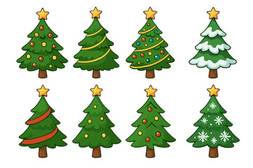 Set of cartoon Christmas trees for holiday design. Vector collection of festive decorated firs with stars, ornaments, and snow for winter celebration graphic elements.