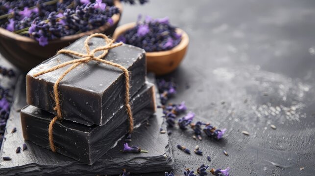 Organic black soap with tied rope and lavender blooms. Eco-friendly skincare and rustic aromatherapy style.