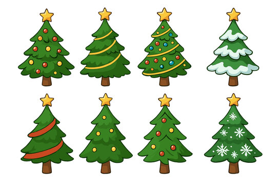 Set of cartoon Christmas trees for holiday design. Vector collection of festive decorated firs with stars, ornaments, and snow for winter celebration graphic elements.