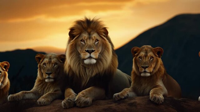 African pride of lions in warm evening glow