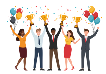 Celebrating Success Diverse Team Triumphs with Golden Trophies  Festive Balloons isolated on transparent background