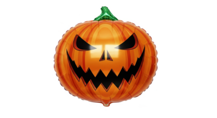 An orange pumpkin-shaped foil balloon with a sinister carved face and a green stem, isolated on a white background.