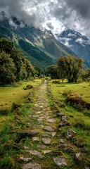 Obraz premium A stone path winds through a verdant valley, flanked by lush greenery and majestic, cloud-shrouded mountains