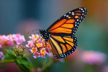 Fototapeta premium A monarch butterfly gracefully lands on colorful flowers, extracting nectar while basking in the sun. Bright hues of orange and pink dominate the garden, creating a lively atmosphere