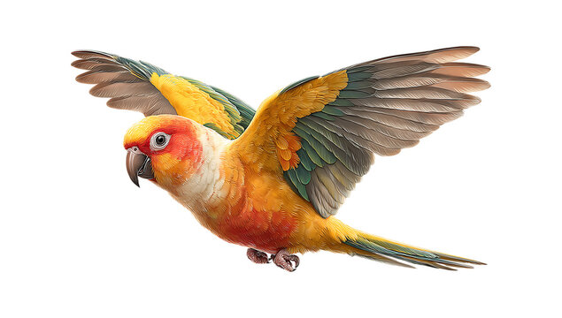 Vibrant Flying Aratinga Solstitialis Sun Parakeet Bird, isolated on transparent background, PNG