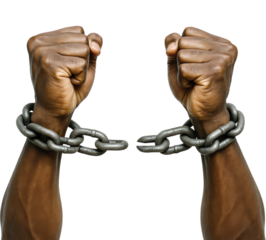 Clenched fists of a Black man breaking heavy iron shackles, a powerful symbol of freedom and defiance, Isolated on Transparent and White Background
