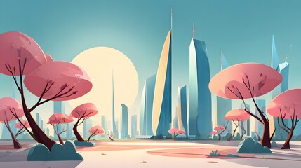 Colorful cityscape with pink trees and modern buildings.