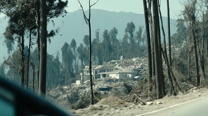 Aerial view of landslide path with displaced earth, mud flow and damaged terrain