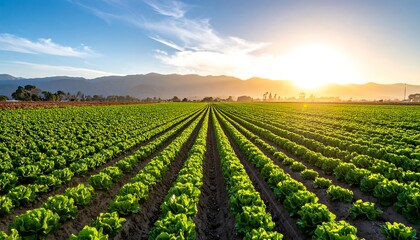 Sunset over rows of vibrant green leafy crops in a vast agricultural field, mountains in the background