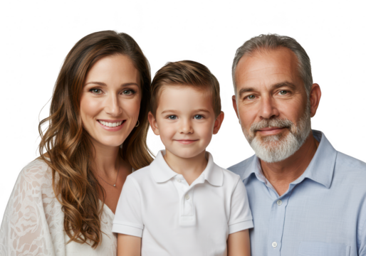 Happy family portrait with parents and young son smiling isolated on transparent background