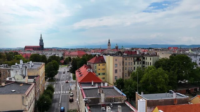 city center old town drone flight over Swidnica Poland