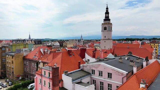 city center old town drone flight over Swidnica Poland