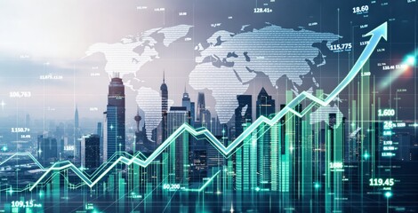 Financial growth concept with futuristic graph overlay and skyscraper city skyline in background showing global economy and rising business trends. Ai generative