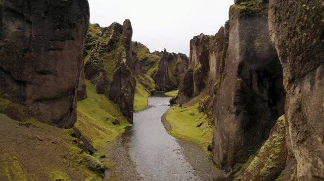 Iceland River Valley Thingvellir Volcanic Landscape Canyon Gorge Drone aerial 4K