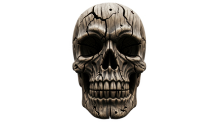 Frontal view of a detailed, weathered skull with cracks and imperfections, isolated on a white background.