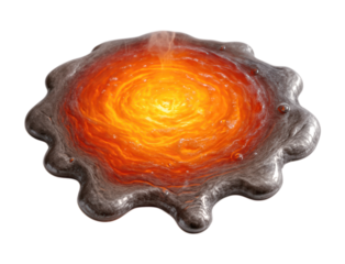 A fiery puddle of molten lava or Red Hot Iron with a swirling, glowing yellow core and a cooling, solidifying silvery metallic crust, Isolated on Transparent and White Background.