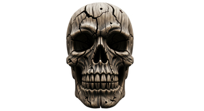 Frontal view of a detailed, weathered skull with cracks and imperfections, isolated on a white background.