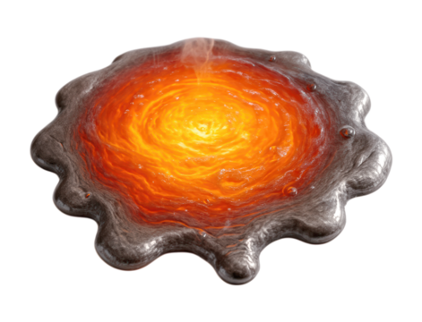 A fiery puddle of molten lava or Red Hot Iron with a swirling, glowing yellow core and a cooling, solidifying silvery metallic crust, Isolated on Transparent and White Background.
