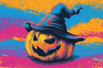 Vibrant Halloween Pumpkin with Witch Hat Against a Colorful Background