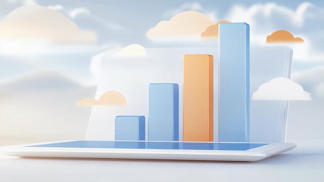 青とオレンジの棒グラフが特徴的なノートパソコンの3Dレンダリング 曇り空の背景 ビジネスと成長のコンセプトを示すのに最適 アドビストック写真向け