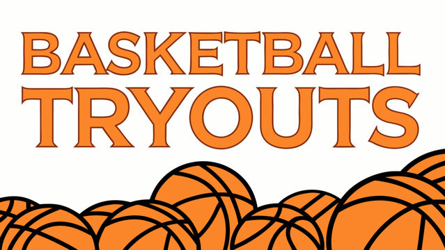 Basketball Tryouts Announcement with Orange Balls and Bold Text.