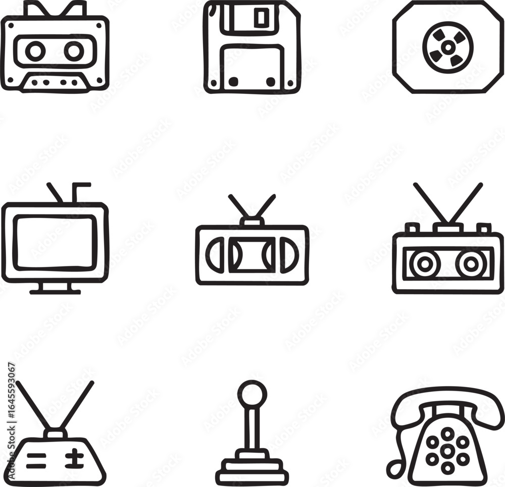 Poster set of nine retro technology icons including cassette tape floppy disk computer monitor and telephon