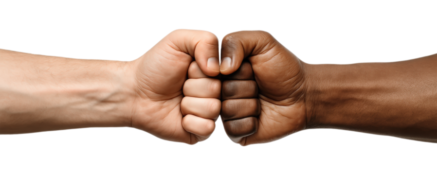 Two diverse male hands fist bumping in a powerful gesture of solidarity and racial harmony, Isolated on Transparent and White Background