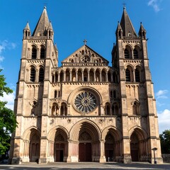 Fototapeta premium Symmetrical stone church facade, twin towers, rose window, arched entryway
