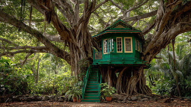 A vibrant green treehouse nestled in an ancient tree surrounded by dense foliage (1) - Powered by Adobe
