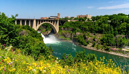 Scenic view of a waterfall cascading beneath a bridge, surrounded by lush greenery and wildflowers