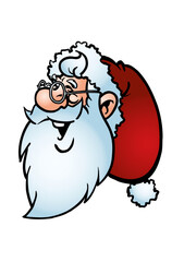 Happy Santa Claus (Father Christmas) with glasses and a big white beard and dressed in red and white