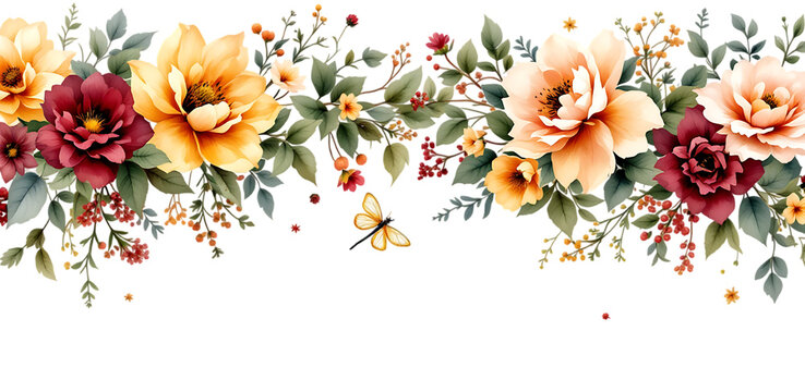 Horizontal watercolor border of yellow, orange, and burgundy flowers with dragonfly isolated on transparent background

