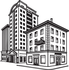 Black and white illustration of a city street with diverse buildings architecture urban