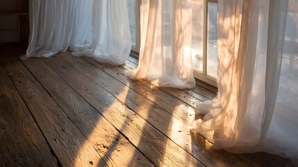 Sunlight streams through sheer curtains onto a wooden floor.