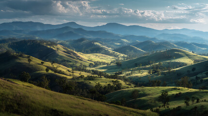 Obraz premium An epic view of rolling hills extending towards the horizon in early morning light