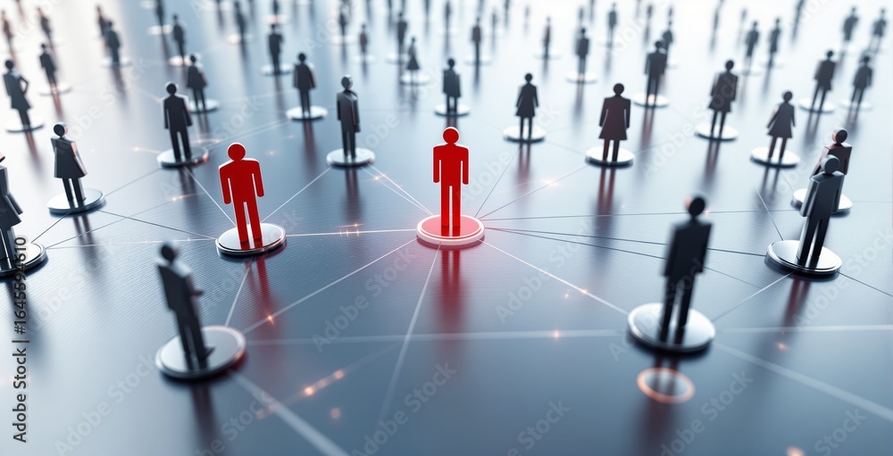 Poster network of abstract human figures with red highlighted leaders symbolizing business communication an