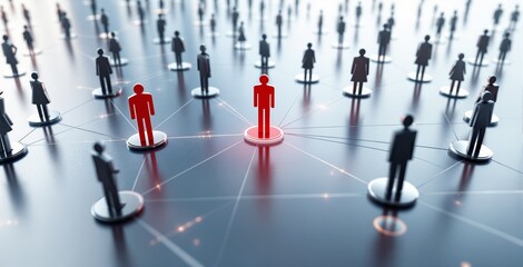 Network of abstract human figures with red highlighted leaders symbolizing business communication and connection concept on a futuristic surface background. Ai generative