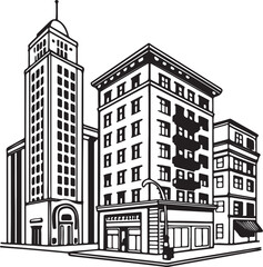 Obraz premium Black and white illustration of city buildings with a tall skyscraper and storefronts architecture urban