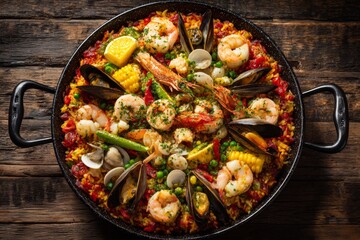 A vibrant dish of seafood paella features shrimp, clams, mussels, and vegetables garnished with fresh herbs and lemon slices on a rustic wooden table