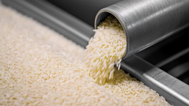 Fresh rice flows from mill, showcasing production process of essential grains, highlighting quality in agriculture and food processing machinery