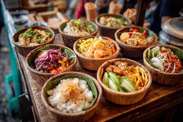 Fototapeta premium A variety of vibrant dishes are displayed in wooden bowls at a lively outdoor food market during the evening. Fresh ingredients include seafood, noodles, and vegetables