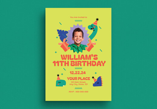 Colorful Dino Kids Birthday Invitation