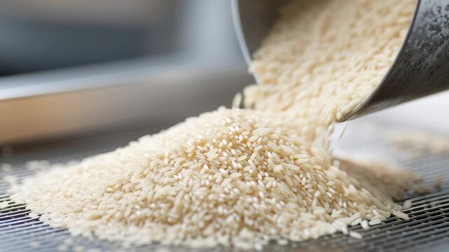 Freshly harvested rice flows from mill, showcasing grain production and processing in agriculture, highlighting quality of essential food source