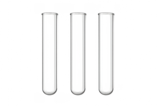 Three empty test tubes on transparent background representing scientific experimentation