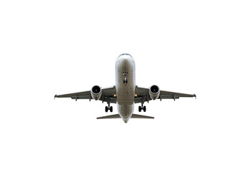 Airplane flying viewed from below isolated on transparent background