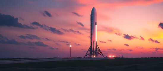 A rocket on the launch pad, ready for its mission against an epic sunset sky. The dramatic clouds add to the sense of anticipation and adventure 